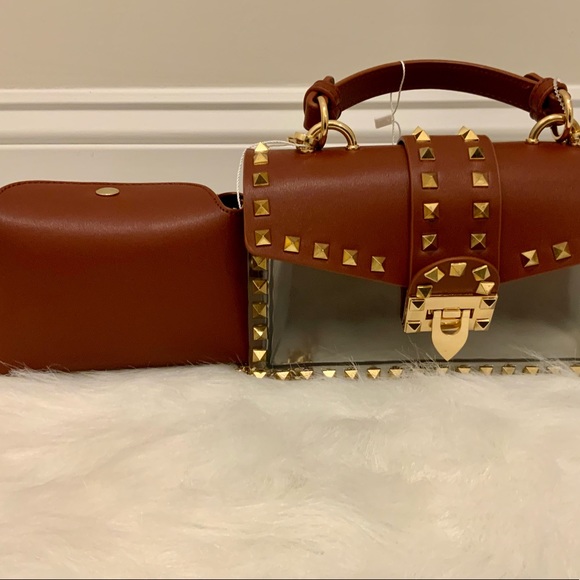 Studded Clear Box Bag – Designer Inspired Brown & Gold Crossbody Purse - Picture 5 of 6